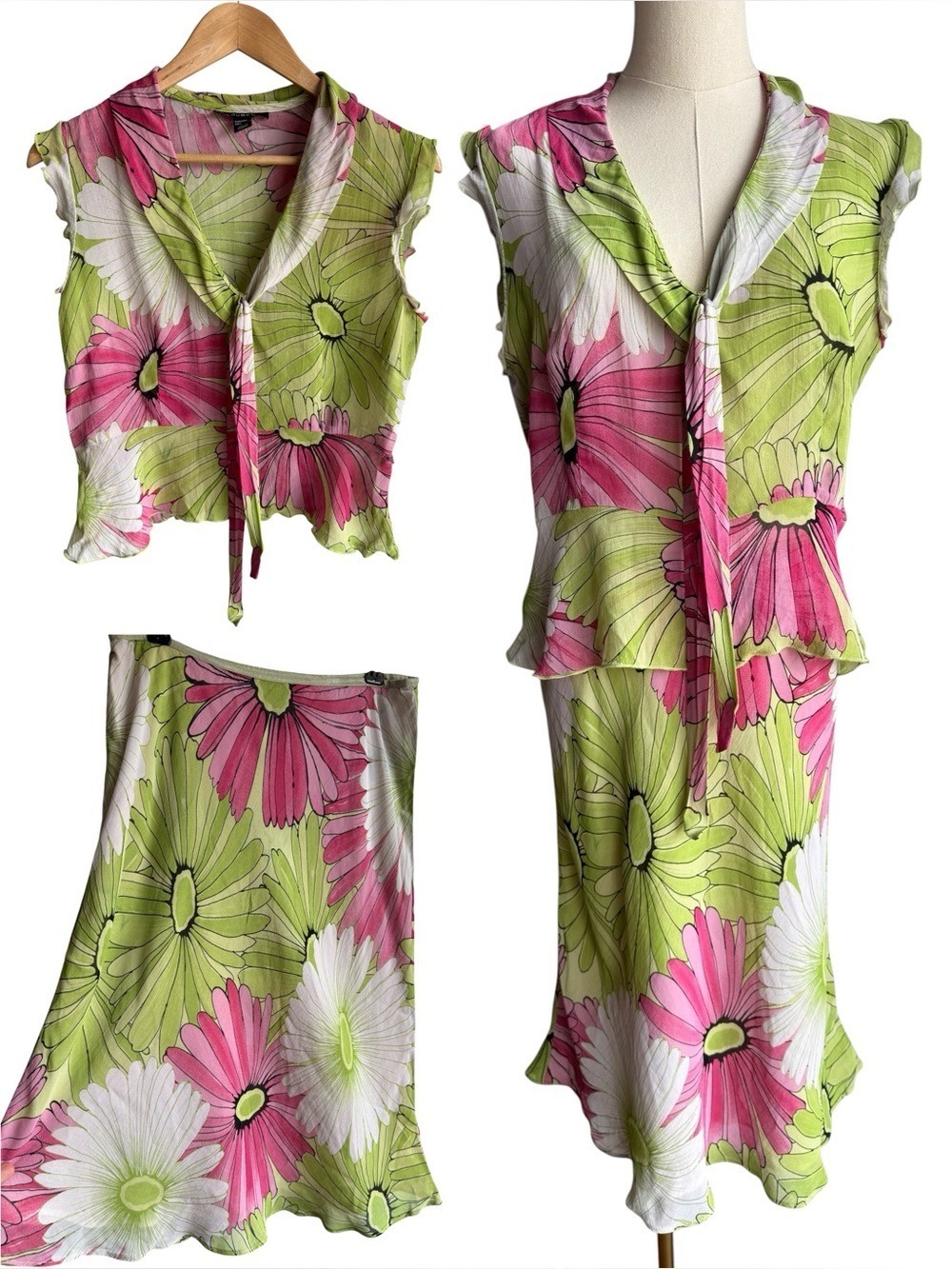 Vintage Y2K Floral Skirt + Top Set Sz M Pink Green Daisy Print Artsy Rayon Cute